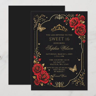 Convites Preto Vermelho Dourado Floral Borboleta Sweet 16