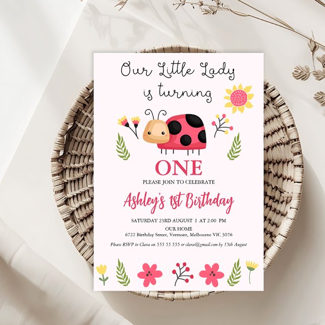 Convites Preto Vermelho Floral Nosso Pequeno primeiro anive (Little Lady Ladybug 1st Birthday Invitation Template Cute, Floral Ladybug Birthday Invitation, Pink)