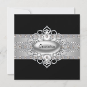Convites Pretos Quinceanera Diamantes Pérolas