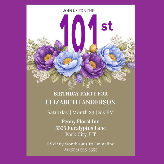 Convites Pretty Blue and Purple Peony 101st Birthday (Elegant blue and purple peony floral 101st birthday invitation)