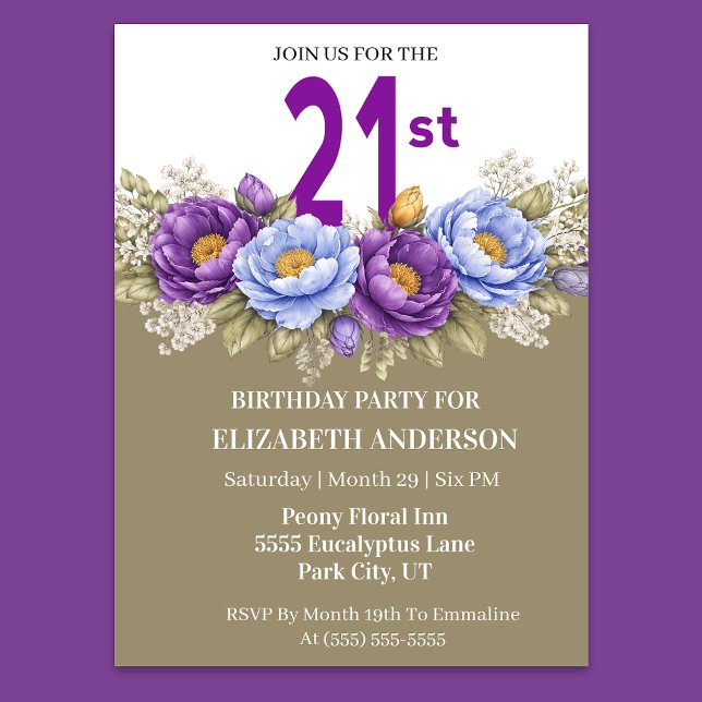 Convites Pretty Blue and Purple Peony 21st Birthday (Elegant 21st birthday invitation with blue and purple peony flowers)