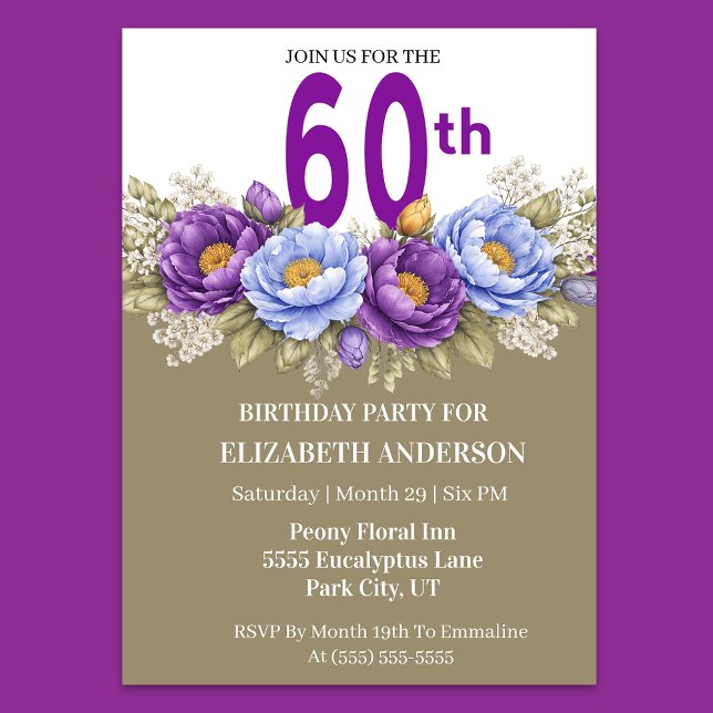 Convites Pretty Blue and Purple Peony 60th Birthday (Elegant 60th birthday invitation with blue and purple peony flowers)