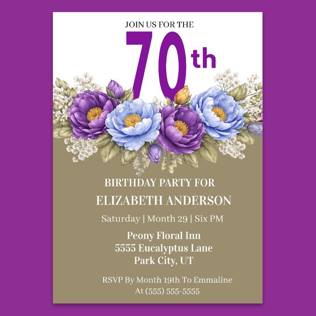 Convites Pretty Blue and Purple Peony 70th Birthday (Elegant 70th birthday invitation with purple and blue peony flowers)