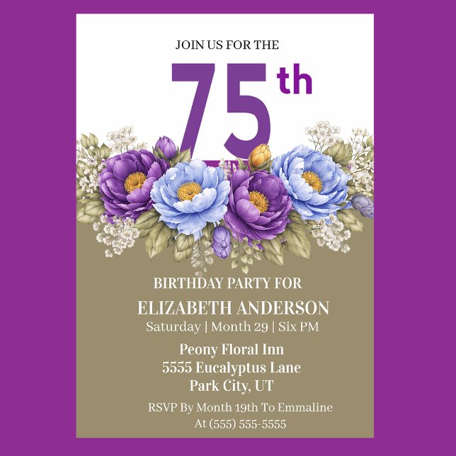 Convites Pretty Blue and Purple Peony 75th Birthday (Elegant 75th birthday invitation with blue and purple peony flowers)