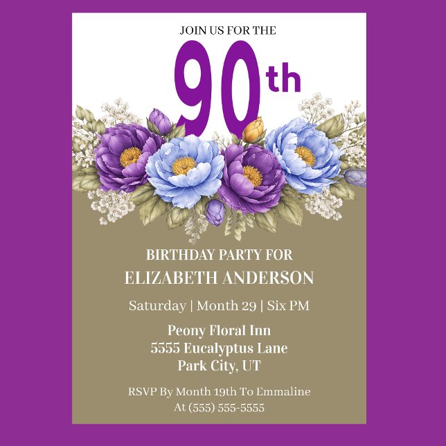 Convites Pretty Blue and Purple Peony 90th Birthday (Elegant blue and purple peony floral 90th birthday invitation)