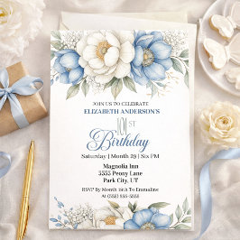 Convites Pretty Blue Magnolia and Peony 101st Birthday