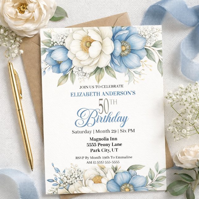 Convites Pretty Blue Magnolia and Peony 50th Birthday (Criador carregado)