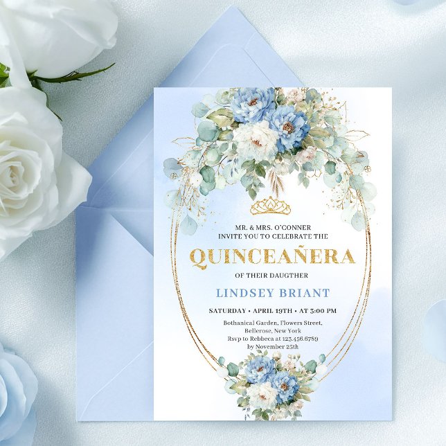 Convites Pretty Blue Peony Gold Floral Quinceañera Invite (Pretty Blue Peony Gold Floral Quinceañera Invite)