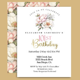 Convites Pretty Blush Pink Peony Floral 101st Birthday