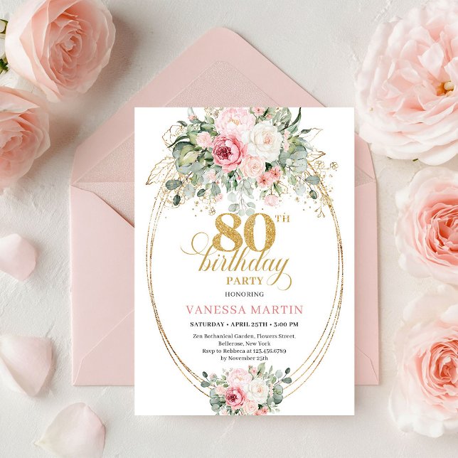 Convites Pretty Boho Blush Roses 80th Birthday Invitation  (Pretty Boho Blush Roses 80th Birthday Invitation Art

)