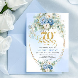 Convites Pretty Dusty Blue Peonies 70th Birthday Invitation