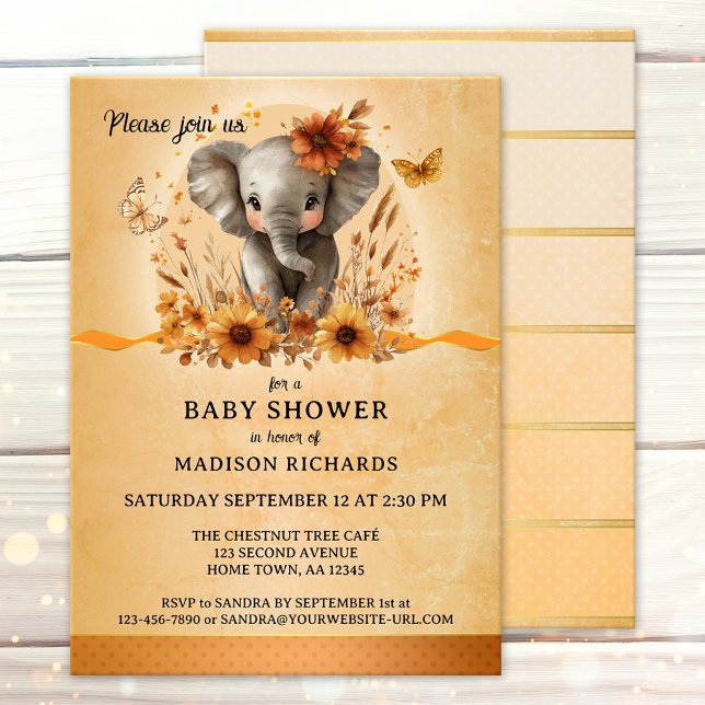 Convites Pretty Elephant Terra Cotta Fall Baby Shower (Gender neutral baby shower invitation featuring a pretty watercolor elephant on terra cotta )