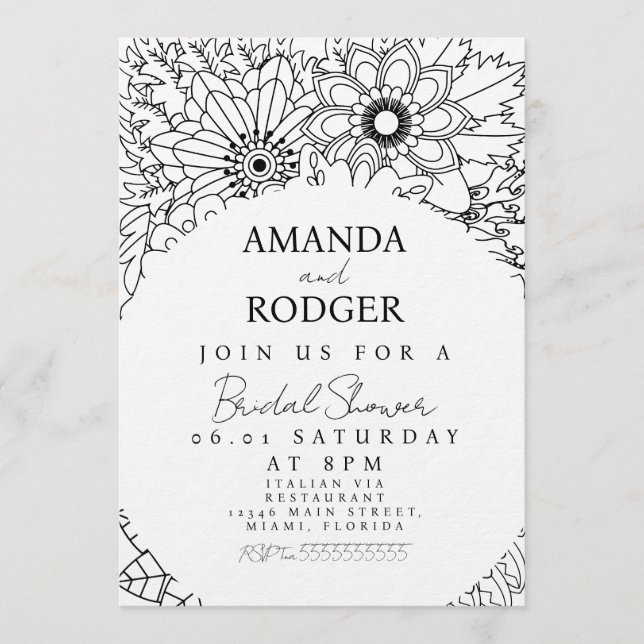 Convites Pretty Floral Doodles Black White Bridal Shower (Frente)