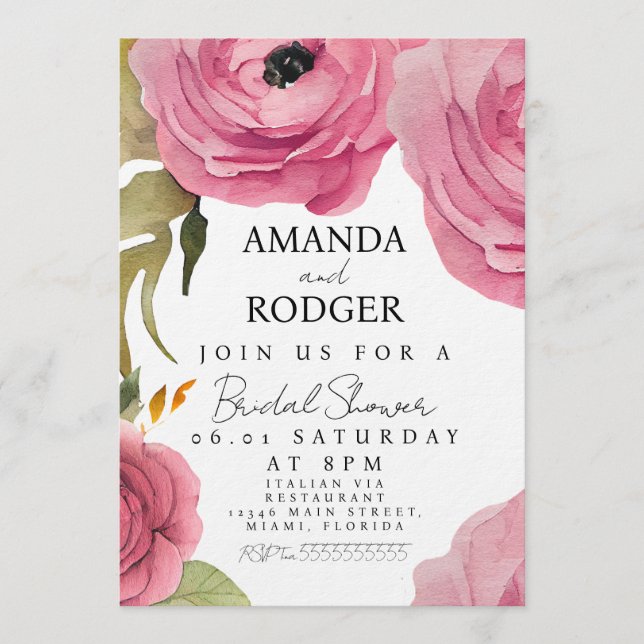 Convites Pretty Floral Pink Watercolor Roses Bridal Shower (Frente)