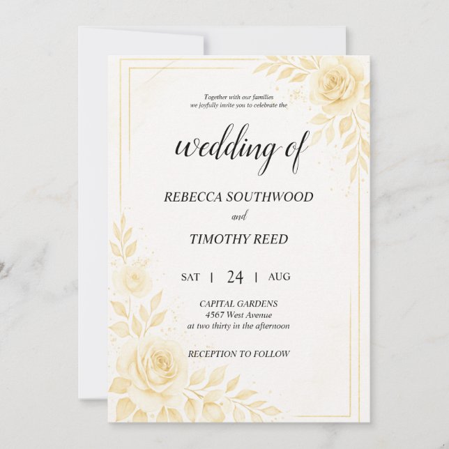 Convites Pretty Gold and White Wedding Invitation (Frente)