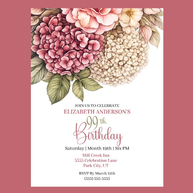 Convites Pretty Hydrangea Rose 99th Birthday (Pretty Hydrangea and Rose 99th Birthday invitation For Women.)