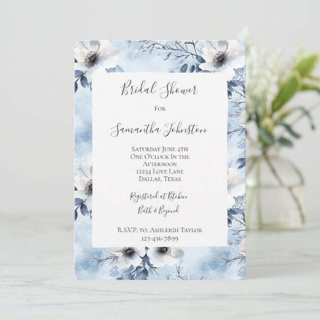 Convites Pretty Light Blue White Flowers Bridal Shower (Em pé/Frente)