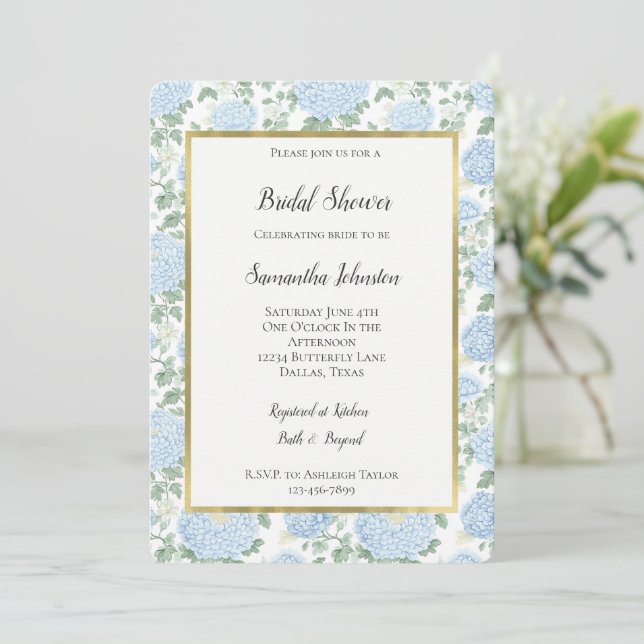 Convites Pretty Light Blue White Flowers Bridal Shower (Em pé/Frente)