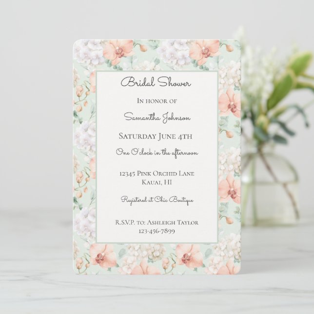 Convites Pretty Mint Peach Orchid Flowers Bridal Shower (Em pé/Frente)