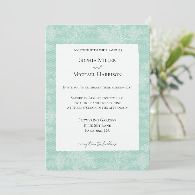 Convites Pretty Mint White Floral Faux Lace Wedding (Em pé/Frente)