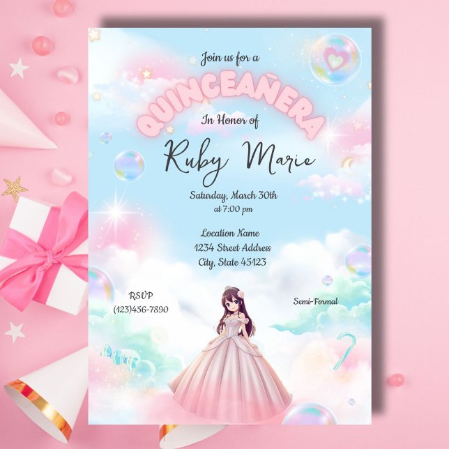 Convites Pretty Pastel Anime Girl Quinceanera Invitation (Criador carregado)