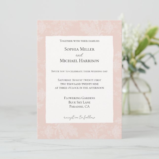 Convites Pretty Peach Blush White Floral Faux Lace Wedding (Em pé/Frente)