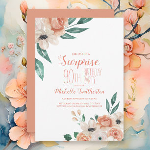 Convites Pretty Peach Cream Floral Aniversário de 90 anos