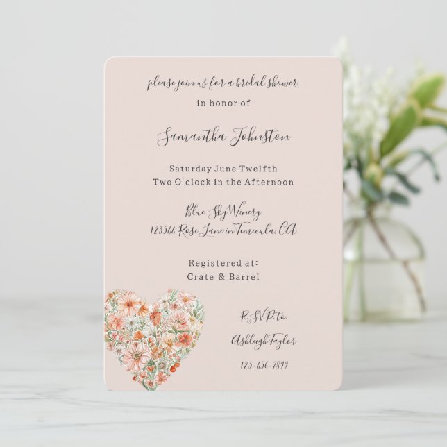 Convites Pretty Peach Floral Heart Bridal Shower (Em pé/Frente)