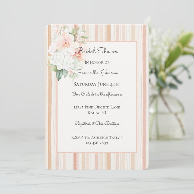 Convites Pretty Peach Orchid Flowers Stripes Bridal Shower (Em pé/Frente)