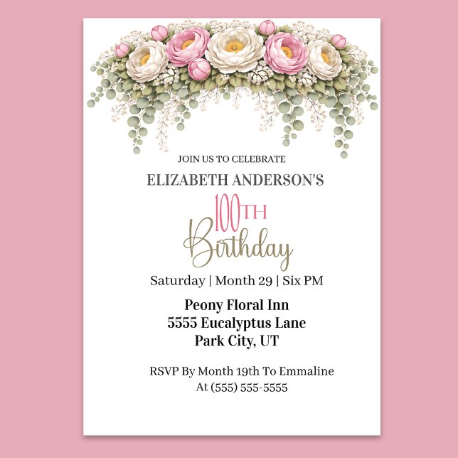 Convites Pretty Pink and White Peony 100th Birthday (Elegant pink and white peony floral 100th birthday invitation)