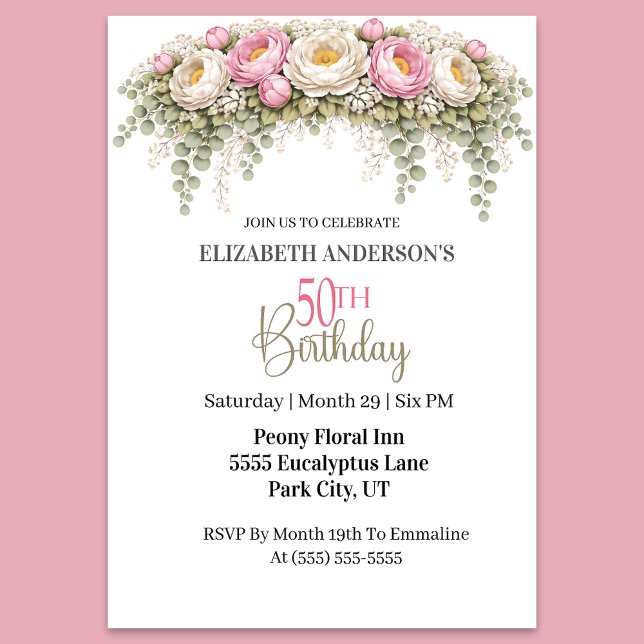 Convites Pretty Pink and White Peony 50th Birthday (Elegant pink and ivory peony floral 50th birthday party invitation )