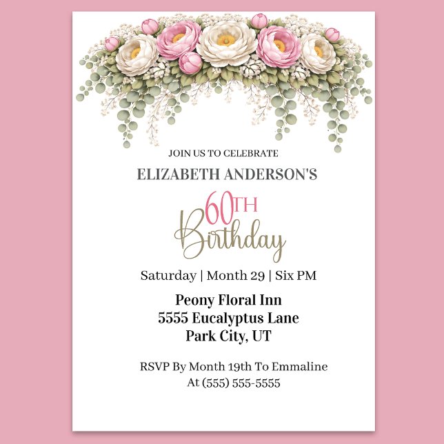 Convites Pretty Pink and White Peony 60th Birthday (Elegant pink peony and eucalyptus floral 60th birthday invitation)