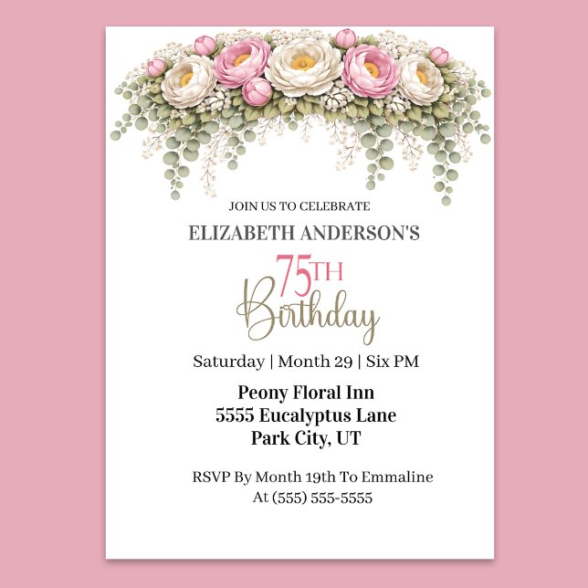 Convites Pretty Pink and White Peony 75th Birthday (Elegant pink and white peony floral 75th birthday invitation)