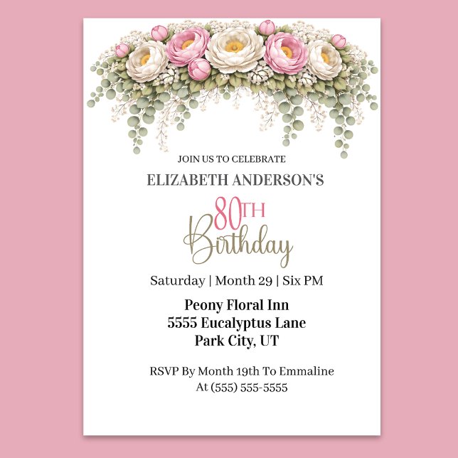Convites Pretty Pink and White Peony 80th Birthday (Elegant pink and white peony floral 80th birthday party invitation)