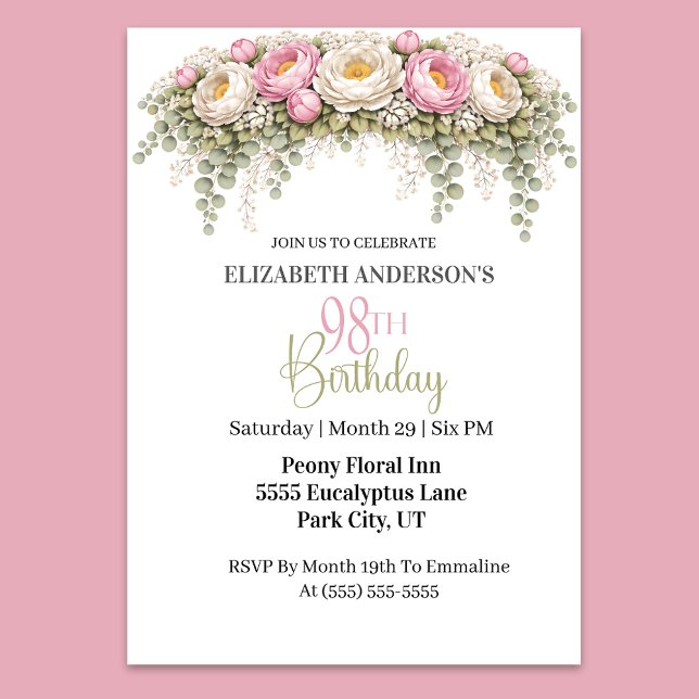 Convites Pretty Pink and White Peony 98th Birthday (Elegant pink and white peony floral 98th birthday invitation)