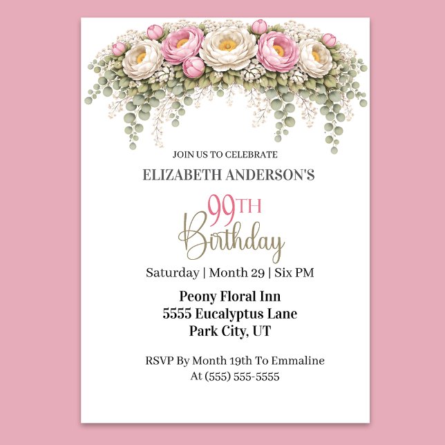 Convites Pretty Pink and White Peony 99th Birthday (Elegant pink and white peony floral 99th birthday invitation)