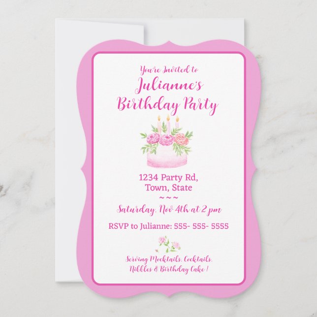 Convites Pretty Pink Cake Birthday Party Invitation (Frente)