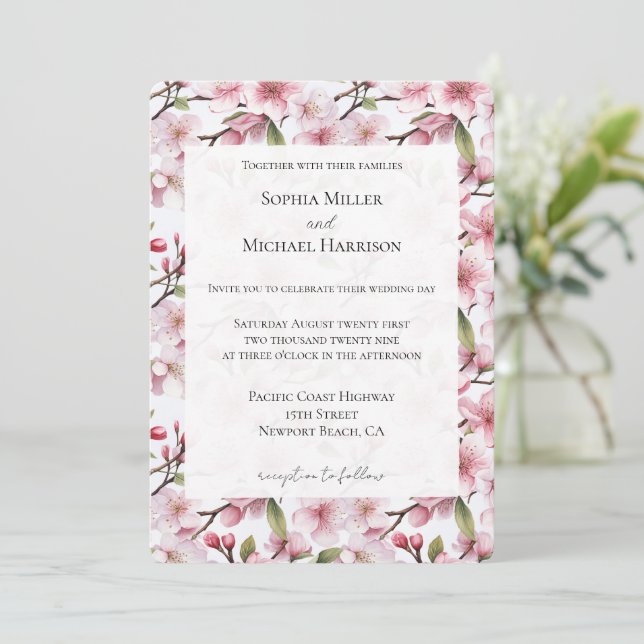 Convites Pretty Pink Cherry Blossom Floral Wedding (Em pé/Frente)