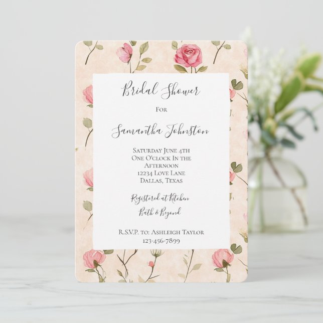 Convites Pretty Pink Cream Roses Floral Bridal Shower (Em pé/Frente)