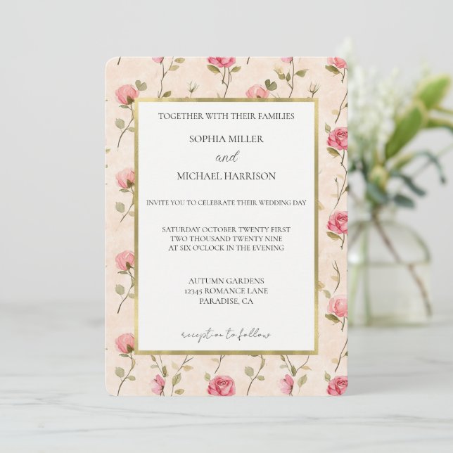 Convites Pretty Pink Cream Roses Floral Wedding (Em pé/Frente)