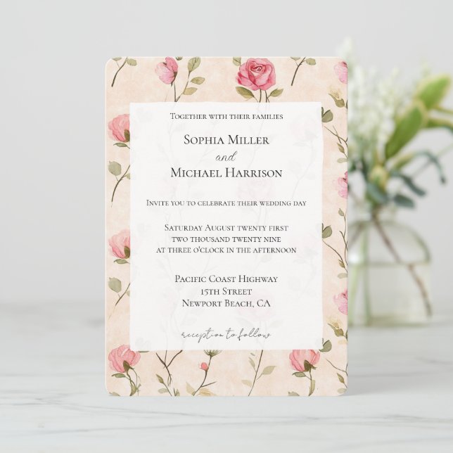 Convites Pretty Pink Cream Roses Floral Wedding (Em pé/Frente)