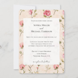 Convites Pretty Pink Cream Roses Floral Wedding