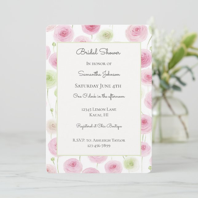 Convites Pretty Pink Mint Ranunculus Floral Bridal Shower (Em pé/Frente)
