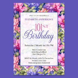 Convites Pretty Pink Purple Garden Flowers 101st Birthday 