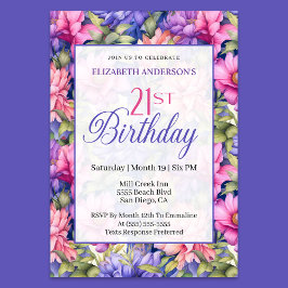 Convites Pretty Pink Purple Garden Flowers 21st Birthday 