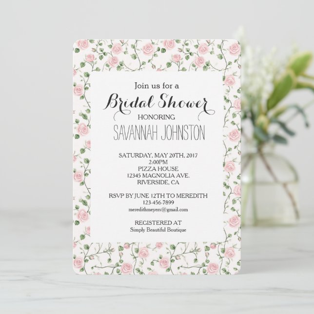 Convites Pretty Pink Roses Floral Bridal Shower (Em pé/Frente)