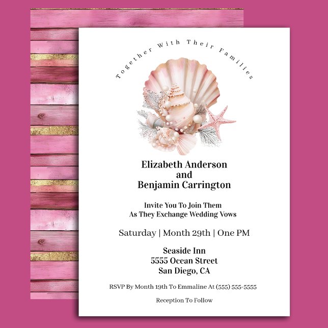 Convites Pretty Pink Seashell and Pearls Wedding (Criador carregado)