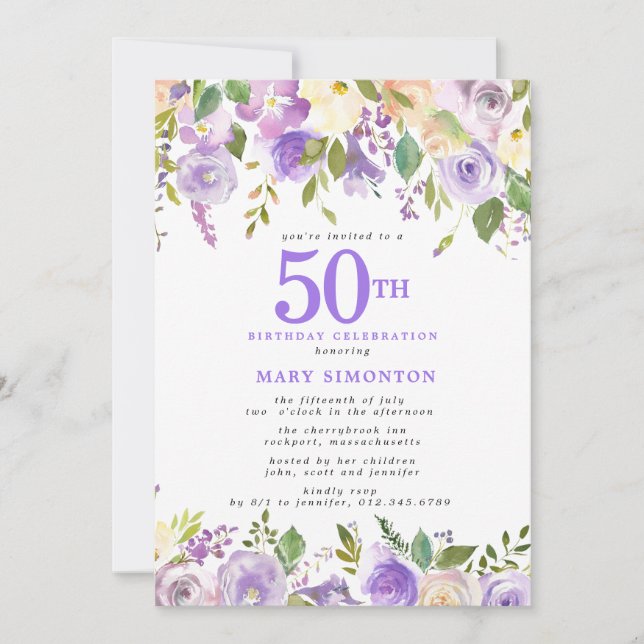 Convites Pretty Purple Floral 50th Birthday Party (Frente)