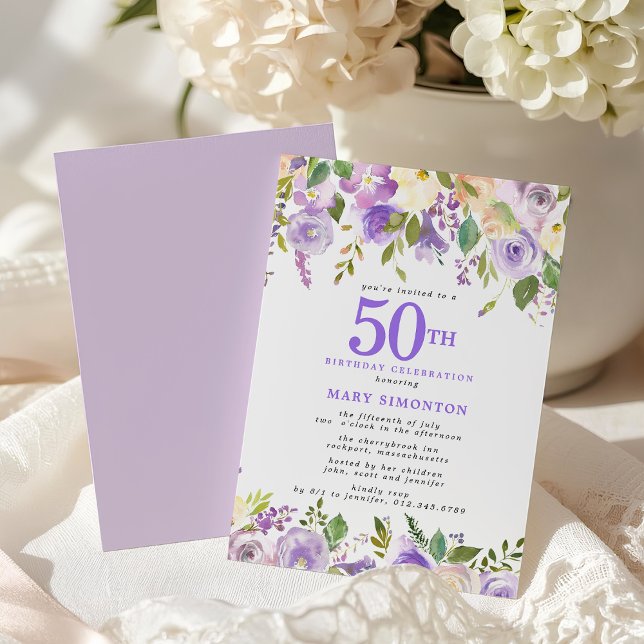 Convites Pretty Purple Floral 50th Birthday Party (Criador carregado)