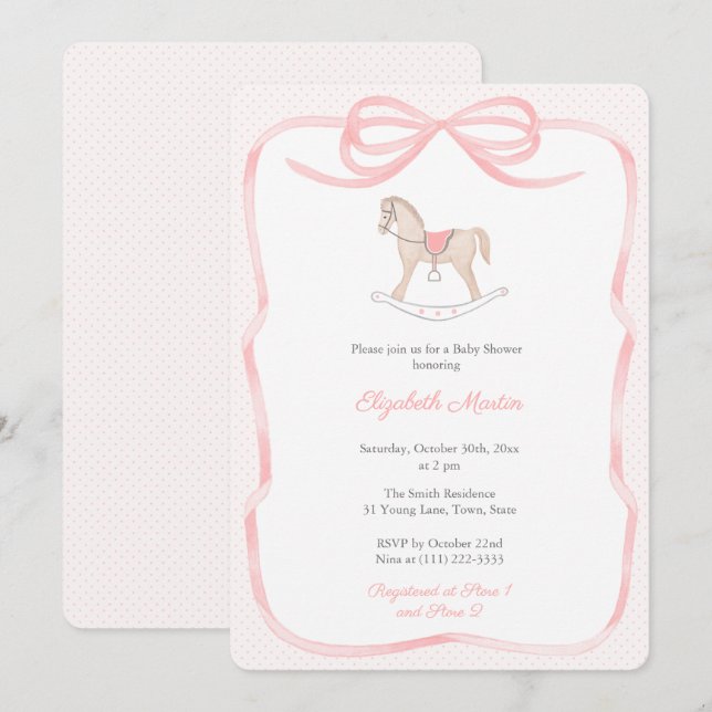 Convites Pretty Rocking Horse Pink Bow Girl Baby Shower  (Frente/Verso)